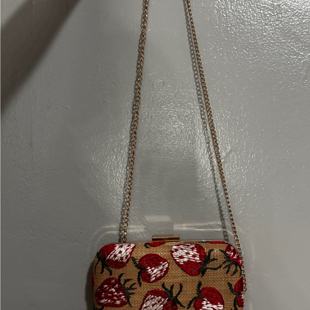 Strawberry Print Tan Crossbody Bag